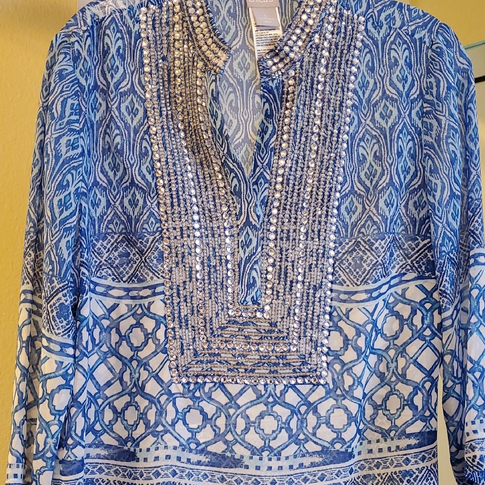 Chico's Blue and White Embellished Top Sz MED